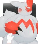  2022 absurd_res ai_only_dream anthro belly belly_squish black_claws blush claws disembodied_hand duo finger_claws fur grey_body grey_ears grey_fur grey_tail hand_on_stomach hi_res multicolored_body multicolored_fur nintendo nude pok&eacute;mon pok&eacute;mon_(species) red_body red_fur solo_focus squish two_tone_body two_tone_fur video_games white_hands zangoose 