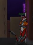  80&#039;s_vibe absurd_res anthro backlighting bar_sign clothing crossed_arms drippy_maws hi_res jacket jeki_sergal leaning light lighting looking_at_viewer male neon_sign night no_pants orange_clothing orange_jacket orange_topwear outside sergal sidewalk sign smile solo standing street street_sign topwear 