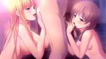  1boy 2girls areolae bangs blonde_hair blunt_bangs breasts brown_eyes brown_hair completely_nude eyebrows_visible_through_hair fellatio game_cg hair_between_eyes hair_over_shoulder hyakki_ryouran_no_yakata imminent_anilingus indoors large_breasts licking licking_penis long_hair m&amp;m mikado_yuri multiple_girls nude open_mouth oral penis pink_lips purple_eyes saliva saliva_trail shiny shiny_hair small_breasts sogabe_orie 