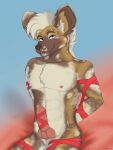  abs african_wild_dog animal_genitalia anthro athletic athletic_male ball_tuft balls bandage blue_eyes bodily_fluids canid canine chest_tuft chin_piercing ear_piercing genital_fluids genitals hair knot male mammal nipple_piercing nipples pecs penis piercing precum ryme ryme_(character) sheath smile smiling_at_viewer solo tuft vein wrapped_arms 