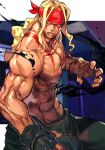  1boy bandana black_gloves blonde_hair copyright_request fighting_stance fingerless_gloves gloves green_pants hungry_clicker long_hair male_focus open_mouth pants pectorals red_bandana red_eyes solo topless_male 