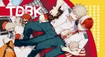  2boys bakugou_katsuki barefoot belt blonde_hair blue_eyes boku_no_hero_academia brown_belt burn_scar chibi collared_shirt dutch_angle grey_eyes heterochromia male_focus maneki-neko_(fujifuji) multicolored_hair multiple_boys necktie necktie_grab neckwear_grab open_mouth pillow red_eyes red_hair red_necktie scar scar_on_face school_uniform shirt sitting spiked_hair todoroki_shouto two-tone_hair u.a._school_uniform white_hair white_shirt 