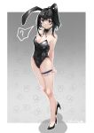  1girl :o ? absurdres ahoge animal_ears arknights arms_behind_back bangs bare_legs bare_shoulders black_bow black_bowtie black_eyes black_footwear black_hair black_hairband black_leotard border bow bowtie breasts bunny_background cleavage collarbone covered_navel detached_collar eyebrows_visible_through_hair fake_animal_ears frills gradient gradient_background grey_background hair_ornament hairband hairclip high_heels highres la_pluma_(arknights) leg_garter leotard looking_at_viewer medium_breasts outside_border parted_lips playboy_bunny rabbit_ears short_hair signature solo speech_bubble spoken_question_mark standing strapless strapless_leotard white_border 