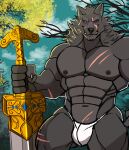  abs absurd_res anthro big_muscles blaidd_(elden_ring) bulge canid canine canis clothed clothing darknaigart elden_ring fromsoftware fur grey_body grey_fur hi_res male mammal melee_weapon muscular muscular_anthro muscular_male night nipples outside pecs plant scar solo sword topless tree underwear video_games weapon wolf 