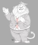  2022 absurd_res anthro barefoot belly_tuft belt bottomwear chubby_anthro chubby_male claws clothed clothing clothing_grab disney dragontzin fangs feet felid fur half-closed_eyes hi_res holding_clothing holding_object jacket leodore_lionheart lion male mammal mane narrowed_eyes necktie open_mouth overweight overweight_anthro overweight_male pantherine pants paws raised_tail shirt slightly_chubby solo standing toe_claws tongue topwear tuft whiskers zootopia 