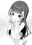  apron bangs blunt_bangs blush bow braid dot_nose drinking eyebrows_visible_through_hair foot_out_of_frame greyscale hair_bow hair_over_shoulder heart henreader highres holding holding_plate kyou_kara_ore_wa_loli_no_himo! long_hair looking_at_viewer monochrome nijou_touka non-web_source plate pocket simple_background sleeveless slippers socks tareme very_long_hair white_background 
