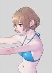  1girl bikini bikini_top_only bob_cut brown_hair from_side grey_background hair_behind_ear highres looking_ahead midriff navel original outstretched_arms parted_lips peco_(pockleberry) pink_eyes short_hair solo string_bikini swimsuit upper_body 