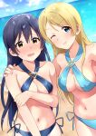  2girls aqua_bikini ayase_eli bangs beach bikini blonde_hair blue_bikini blue_eyes blue_hair blush breasts commentary_request embarrassed halter_top halterneck hand_on_another&#039;s_shoulder highres long_hair looking_at_viewer love_live! love_live!_school_idol_project multiple_girls nanatsu_no_umi navel one_eye_closed open_mouth ponytail side-tie_bikini sonoda_umi swept_bangs swimsuit wavy_mouth yellow_eyes 