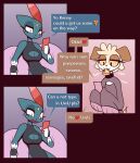  &lt;3 anthro arte_(r-mk) baggy_clothing breasts canid canine canis cleavage_cutout clothed clothing dialogue dialogue_box domestic_dog eating english_text female food hi_res kenny_(r-mk) leotard mammal mustela mustelid musteline nintendo phone pizza pok&eacute;mon pok&eacute;mon_(species) r-mk sitting sneasel sweater text texting topwear true_musteline uwu video_games 