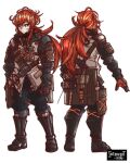  1boy alternate_costume armor artist_name bag bangs belt boots character_sheet diluc_(genshin_impact) genshin_impact gloves harness highres introvert-kun long_hair low-tied_long_hair red_eyes red_hair scarf shoulder_armor tactical_clothes 