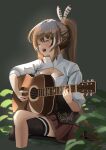  1girl acoustic_guitar bangs brown_corset brown_hair cleavage_cutout closed_eyes clothing_cutout corset crossed_legs dark_background feather_hair_ornament feathers foliage guitar hair_ornament hairclip highres hololive hololive_english instrument leaf long_hair music nanashi_mumei playing_instrument ponytail red_skirt shirt singing single_thighhigh sitting skirt solo thighhighs very_long_hair virtual_youtuber white_shirt yamaharu_(xxzf7284) 