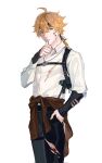  1boy ahoge arm_at_side arm_guards bangs black_pants blonde_hair blood blood_on_arm blood_on_chest blood_on_face blood_on_hands blood_on_leg brown_jacket clothes_around_waist collared_shirt cowboy_shot cuts donaldakron dress_shirt finger_to_mouth genshin_impact green_eyes gun hair_between_eyes hand_up handgun headband highres holster holstered_weapon injury jacket jacket_around_waist jewelry legs_together long_sleeves looking_at_viewer low_ponytail male_focus medium_hair necklace pants parted_lips pendant ponytail shirt shoulder_holster simple_background solo thoma_(genshin_impact) thumbs_up torn_clothes torn_pants torn_shirt weapon white_background white_shirt 