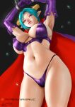  1girl aqua_hair ariverkao armpits arms_up bangs bikini breasts cape carrera cuffs dated demon_girl demon_horns elbow_gloves gloves highleg highleg_bikini horns huge_breasts navel patreon_logo pointy_ears purple_gloves red_eyes shackles short_hair signature solo swimsuit viper viper_gts 