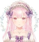  1girl akasaka_asa bangs bow bowtie braid collarbone eyebrows_visible_through_hair hair_bow highres jewelry long_hair looking_at_viewer maid_headdress necklace original parted_lips pink_eyes pink_hair portrait purple_bow purple_bowtie solo twitter_username 