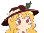  1girl ascot blonde_hair blush brown_headwear closed_mouth collared_shirt commentary_request dolls_in_pseudo_paradise eyebrows_visible_through_hair face fedora frilled_hat frilled_shirt_collar frills gyate_gyate happy hat hat_feather jacket_girl_(dipp) long_hair meme red_ascot red_eyes shirt smile touhou transparent_background user_eezx2438 very_long_hair 