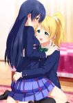  2girls ayase_eli bangs blonde_hair blue_eyes blue_hair blue_jacket blush commentary_request highres hug jacket long_hair long_sleeves looking_at_another love_live! love_live!_school_idol_project multiple_girls nanatsu_no_umi open_mouth otonokizaka_school_uniform plaid plaid_skirt pleated_skirt ponytail school_uniform scrunchie sitting sitting_on_lap sitting_on_person skirt sonoda_umi straddling swept_bangs upright_straddle white_scrunchie winter_uniform yellow_eyes yuri 