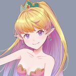  1girl bare_shoulders blonde_hair breasts chako_(sasasaz52) closed_mouth collarbone earrings hair_ornament hoop_earrings jewelry long_hair looking_at_viewer pointy_ears ponytail primm seiken_densetsu seiken_densetsu_2 simple_background smile solo 