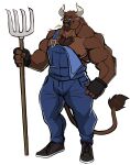  absurd_res anthro blue_clothing bovid bovine brown_body brown_fur cattle clothing darknaigart fingerless_gloves footwear fur gloves handwear hi_res horn male mammal muscular muscular_anthro muscular_male nipples overalls pecs pitchfork shoes simple_background solo standing straw_in_mouth tools white_background 