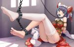  1girl against_wall aqua_eyes aqua_hair arms_behind_back azur_lane bangs bdsm beads between_breasts black_hair blue_eyes blush bondage bound bound_ankles bound_arms bound_torso breast_bondage breasts chain cheshire_(azur_lane) china_dress chinese_clothes clothes_gag collar cracked_floor crotch_rope cuffs dress feet feet_up flower frills full_body gag gagged garter_straps haimei1980 hair_beads hair_flower hair_ornament hair_tassel highres improvised_gag in_cell large_breasts looking_at_viewer maid_headdress multicolored_hair no_shoes panties pelvic_curtain prison red_dress red_flower restrained rope saliva see-through shackles shawl shibari shibari_over_clothes short_hair side-tie_panties side_cutout single_thighhigh sitting skindentation sleeveless sleeveless_dress soles solo streaked_hair thighhighs tile_floor tiles toes twitter_username underwear white_legwear white_panties window_shade 