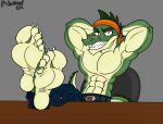  2018 abs anthro artist_name barefoot biceps bottomwear clothed clothing crocodile crocodilian crocodylid denim denim_clothing digital_media_(artwork) doritohead dot_eyes feet feet_up foot_focus green_body green_hair green_scales grey_background hair hands_behind_head hi_res jeans long_tail looking_at_viewer male multicolored_body multicolored_scales muscular muscular_anthro muscular_male pants pecs reptile scales scalie sharp_teeth short_hair signature simple_background simple_eyes sitting smile solo tan_body tan_scales teeth toes topless topless_anthro topless_male two_tone_body two_tone_scales 