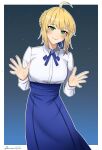  1girl artist_name artoria_pendragon_(fate) bangs blonde_hair blue_skirt blush breasts closed_mouth commission darkpulsegg english_commentary eyebrows_visible_through_hair fate/stay_night fate/zero fate_(series) green_eyes hair_ornament highres lips long_skirt long_sleeves looking_at_viewer medium_hair saber shirt simple_background skirt smile solo standing white_shirt 