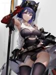  1girl absurdres animal_ears arknights arm_up armpits ass_visible_through_thighs bangs bare_shoulders belt belt_pouch black_legwear black_skirt blue_hair breasts cat_ears cleavage closed_mouth collarbone contrapposto cowgirl_position elbow_gloves eyebrows_visible_through_hair gloves goggles goggles_on_head highres jewelry large_breasts leotard leotard_under_clothes looking_at_viewer miniskirt necklace open_clothes open_vest pouch purple_eyes red_gloves rockrock_(arknights) short_hair skirt solo staff straddling thighhighs upskirt vest white_vest 