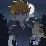  1boy animal_on_arm bangs bird bird_on_arm black_shirt blue_oak brown_eyes brown_hair cloud collared_shirt eyebrows_visible_through_hair highres jewelry male_focus moon necklace night outdoors pidgey pokemon pokemon_(creature) pokemon_(game) pokemon_frlg pokemon_on_arm rata_(m40929) shirt short_hair short_sleeves sky spiked_hair symbol-only_commentary upper_body wristband 