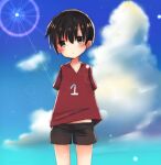  1boy animal_crossing black_shorts blush brown_hair child cloud eyebrows_visible_through_hair highres looking_at_viewer numbered red_shirt shirt short_hair shorts sky solo sunlight user_fmwc5838 v-neck villager_(animal_crossing) 