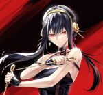  1girl black_dress black_gloves black_hair breasts dagger dress dual_wielding earrings fingerless_gloves gloves gold_earrings gold_hairband hair_bun highres holding holding_dagger holding_weapon jewelry knife medium_breasts red_eyes rose_hair_ornament sidelocks sleeveless sleeveless_dress solo spy_x_family suprii upper_body weapon yor_briar 