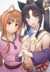  2girls animal_ears bangs blue_eyes breasts eyebrows_visible_through_hair eyelashes eyes_visible_through_hair fate/grand_order fate_(series) hair_ornament highres holding_hands holo long_hair looking_at_viewer multiple_girls open_mouth pinta_(ayashii_bochi) red_eyes spice_and_wolf ushiwakamaru_(fate) wolf_ears wolf_girl 