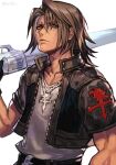  1boy black_jacket brown_hair closed_mouth cropped_jacket final_fantasy final_fantasy_viii gun holding holding_gun holding_weapon hungry_clicker jacket jewelry looking_at_viewer male_focus necklace open_clothes open_jacket purple_eyes revolver scar scar_on_face shirt simple_background solo squall_leonhart weapon white_background white_shirt 