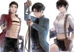  1girl 2boys abs aiming_at_viewer arm_up bangs belt_pouch black_hair black_pants black_shirt black_shorts breasts brown_gloves cleavage coat collarbone collared_shirt column_lineup commentary cosplay cowboy_shot cropped_shirt dante_(devil_may_cry) dante_(devil_may_cry)_(cosplay) devil_may_cry_(series) dress_shirt dual_wielding english_commentary eren_yeager finger_on_trigger fingerless_gloves frown furrowed_brow gloves green_eyes hair_between_eyes highres holding holding_sword holding_weapon lady_(devil_may_cry) lady_(devil_may_cry)_(cosplay) levi_(shingeki_no_kyojin) long_sleeves looking_at_viewer midriff mikasa_ackerman multiple_boys no_shirt older outstretched_arm pants parted_bangs parted_lips pouch purple_eyes rainbuniart red_coat reverse_grip sheath shingeki_no_kyojin shirt short_hair short_shorts shorts simple_background sword toned toned_male twitter_username unsheathing vergil_(devil_may_cry) vergil_(devil_may_cry)_(cosplay) weapon white_background white_shirt 