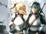  2girls armor bangs bird blonde_hair blue_eyes blue_hair bow breasts cleavage eula_(genshin_impact) genshin_impact hair_between_eyes hair_bow jean_(genshin_impact) long_hair medium_hair multiple_girls piethepiegod ponytail sword weapon yellow_eyes 