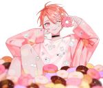  1boy choker doughnut food highres holding holding_food long_sleeves looking_to_the_side male_focus maruyama_reo nail_polish nyamnyam0502 one_eye_closed paradox_live red_eyes red_hair short_hair solo sticker sticker_on_face white_background 