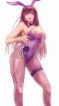  1girl animal_ears awayuki_tobari breasts cleavage fake_animal_ears fate/grand_order fate_(series) fishnet_legwear fishnets grabbing_own_breast large_breasts playboy_bunny purple_eyes purple_hair rabbit_ears rabbit_tail red_eyes scathach_(fate) scathach_(piercing_bunny)_(fate) simple_background tail thighhighs white_background 
