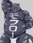  2022 anthro armpit_hair asian_clothing belly big_belly blush body_hair bulge clothing cute_fangs east_asian_clothing felid fundoshi genitals hi_res japanese_clothing japanese_text kemono male mammal moobs nipples one_eye_closed overweight overweight_male penis pubes shiike999 simple_background solo text underwear white_clothing white_fundoshi white_underwear wink 