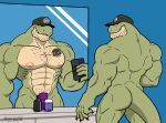  abs anthro back_muscles big_muscles body_hair butt chest_hair claws clothing convenient_censorship dinosaur hat headgear headwear hi_res jace_(darknaig) male mirror muscular muscular_male nipples pecs reptile scalie smile solo stubble tattoo theropod tyrannosaurid tyrannosaurus tyrannosaurus_rex wolfersoul20 
