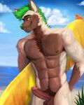  4:5 abs anthro balls beach biceps brown_balls brown_body brown_fur brown_penis canid canine canis chest_tuft circumcised digital_media_(artwork) domestic_dog dripping erection fur genitals green_hair hair hand_on_butt hi_res humanoid_genitalia humanoid_penis looking_back male mammal muscular muscular_anthro muscular_male nipples nude outside pecs penis pubes seaside shrimpiing smile solo surfboard tuft wet white_body white_fur 