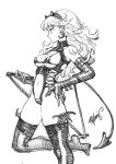  1girl bare_shoulders boots breasts copyright_request earrings elbow_gloves fake_horns fishine gloves greyscale high_heel_boots high_heels highres horns jewelry large_breasts long_hair monochrome navel signature solo symbol-only_commentary thigh_boots thighhighs whip 
