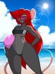  anthro ball beach biped black_body blue_eyes breasts clothing cloud eyewear female glasses gris_swimsuit hair hi_res mammal mastergodai meme meme_clothing one-piece_swimsuit red_hair rodent seaside solo sun swimwear translucent translucent_clothing translucent_swimwear wide_hips 