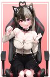  1girl ahoge aicute akchu animal_ear_fluff animal_ears bangs bare_shoulders belt_buckle black_choker black_skirt breasts brown_hair buckle cat_ears chair choker cleavage collarbone commentary english_commentary gaming_chair heart_ahoge heterochromia highres horns indie_virtual_youtuber large_breasts long_hair long_sleeves multicolored_hair off-shoulder_shirt off_shoulder parted_lips pink_background purple_eyes red_eyes shirt sitting skirt smile solo two-tone_hair virtual_youtuber white_shirt 