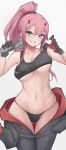  1girl abs absurdres breasts darling_in_the_franxx gloves green_eyes highres horns kanotype long_hair mechanic midriff navel panties pink_hair ponytail underboob underwear wrench zero_two_(darling_in_the_franxx) 