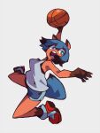  5_fingers action_pose anthro ball basketball_(ball) biped black_body black_fur black_hair black_nose black_tail blue_body blue_bottomwear blue_clothing blue_eyes blue_fur blue_hair blue_shorts blue_tail bottomwear brand_new_animal brown_body brown_ears brown_fur canid canine clothed clothing colored digital_media_(artwork) dipstick_tail female fingers footwear front_view full-length_portrait fully_clothed fur gloves_(marking) hair holding_ball holding_object humanoid_hands jumping leg_markings mammal markings michiru_kagemori monotone_ears multicolored_body multicolored_fur multicolored_hair multicolored_tail niking open_mouth pink_inner_ear portrait pose pupils raccoon_dog red_clothing red_footwear red_shoes shirt shoes short_hair shorts simple_background socks_(marking) solo studio_trigger tail_markings tank_top tanuki teeth three-quarter_view tongue topwear two_tone_hair two_tone_tail white_background white_clothing white_pupils white_shirt white_topwear 