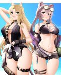  2girls :d absurdres animal_ear_fluff animal_ears arknights arm_strap arm_up bangs bare_shoulders bikini black_bikini black_choker black_shorts black_swimsuit blonde_hair blue_sky breasts choker commentary cowboy_shot day fang food fruit green_eyes highres large_breasts lin_yuhsia_(arknights) long_hair looking_at_viewer micro_shorts mouse_ears multiple_girls navel off_shoulder official_alternate_costume one-piece_swimsuit open_fly open_mouth outdoors purple_eyes purple_hair shorts sky smile standing stomach swimsuit swire_(arknights) tail thigh_strap thighs tiger_ears tiger_tail very_long_hair watermelon yan_kodiac 