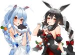  2girls :p alternate_color alternate_hair_color animal_ear_fluff animal_ears bangs bare_shoulders black_dress black_gloves black_hair blue_hair blush bow braid bunny-shaped_pupils carrot_hair_ornament closed_mouth commentary detached_sleeves don-chan_(usada_pekora) dress dual_persona finger_to_mouth fingerless_gloves food-themed_hair_ornament fur_scarf gloves gotou_(nekocat) hair_between_eyes hair_bow hair_ornament heart highres hololive long_hair looking_at_viewer multicolored_hair multiple_girls own_hands_together palette_swap puffy_short_sleeves puffy_sleeves rabbit_ears red_bow red_eyes short_sleeves simple_background symbol-only_commentary symbol-shaped_pupils thick_eyebrows tongue tongue_out twin_braids twintails two-tone_hair upper_body usada_pekora very_long_hair virtual_youtuber white_background white_bow white_dress white_hair 