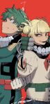  1boy 1girl bangs belt blonde_hair blood blood_on_knife blunt_bangs bodysuit boku_no_hero_academia cardigan clenched_hand closed_mouth commentary_request double_bun fangs freckles gloves green_bodysuit green_eyes green_hair highres holding holding_knife knife kuwanosisyamo long_sleeves looking_at_another messy_hair midoriya_izuku nervous open_mouth pleated_skirt red_background red_eyes short_hair signature simple_background skirt smile standing sweat toga_himiko white_gloves yellow_cardigan 