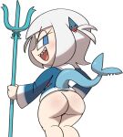  animal_humanoid bottomless butt clothed clothing female fish fish_humanoid gawr_gura hi_res hololive humanoid looking_back marine marine_humanoid melee_weapon polearm rear_view shark shark_humanoid sharp_teeth smile solo teeth topwear trident vilepluff virtual_youtuber weapon 