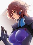  1girl bangs breasts bright_pupils brown_hair fortified_suit from_side gloves grey_gloves hair_between_eyes highres isumi_michiru kamon_rider looking_down medium_breasts muvluv muvluv_alternative open_hand parted_lips pilot_suit portrait purple_eyes shadow short_hair skin_tight solo white_background white_pupils 