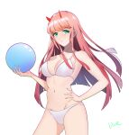  1girl bangs bikini breasts darling_in_the_franxx green_eyes hairband highres horns live_(mfwa7572) long_hair oni_horns pink_hair solo swimsuit zero_two_(darling_in_the_franxx) 