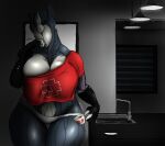  absurd_res beverage big_breasts breasts cleavage clothed clothing coolmaster98 drowsy female hi_res humanoid logo panties rammstein saryn_(warframe) shirt solo tea text text_on_clothing thick_thighs topwear underwear video_games warframe wide_hips 